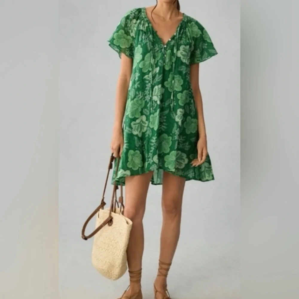Sundry Anthropologie V Neck Mini Sling Dress Green Floral Size 3
